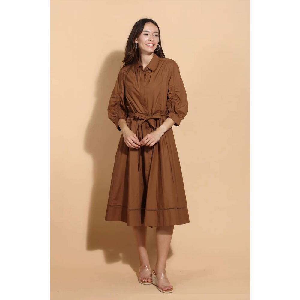 NEW JESSIE LIU cotton shirt dress with rouching sleeves in brown
